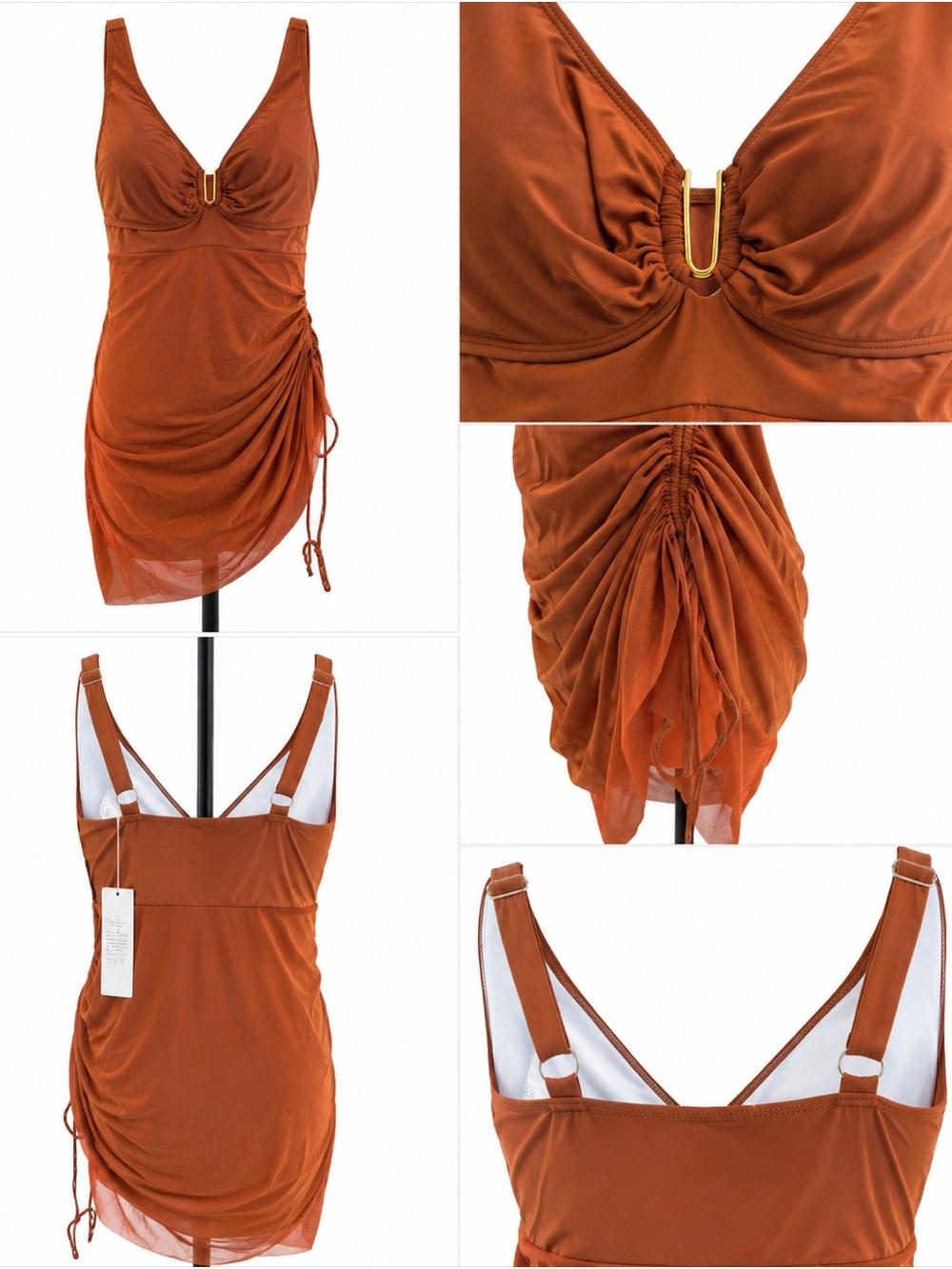 Rust Orange Ruched Swim Dress One Piece Swimsuit Gold Hardware
